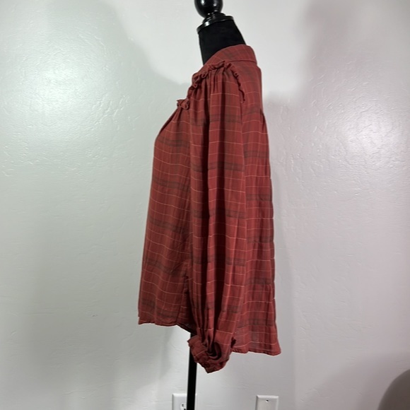 Max Studio Cotton Plaid Feminine Blouse Size S Brown Ruffles Empire Sleeve - Picture 5 of 11